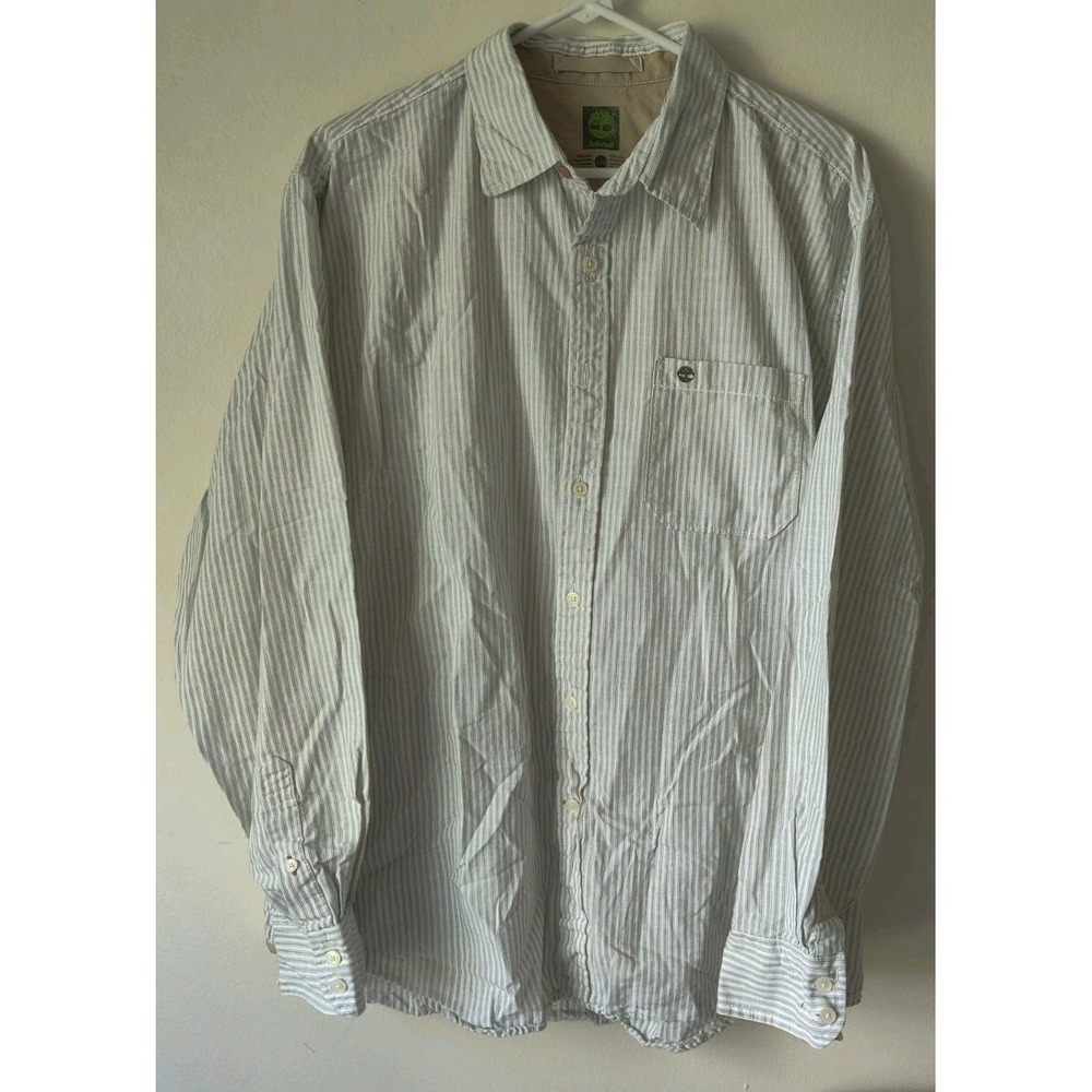 Timberland Long Sleeve Pinstripe Button-down Shirt Pocket Logo White/Brown Sz L